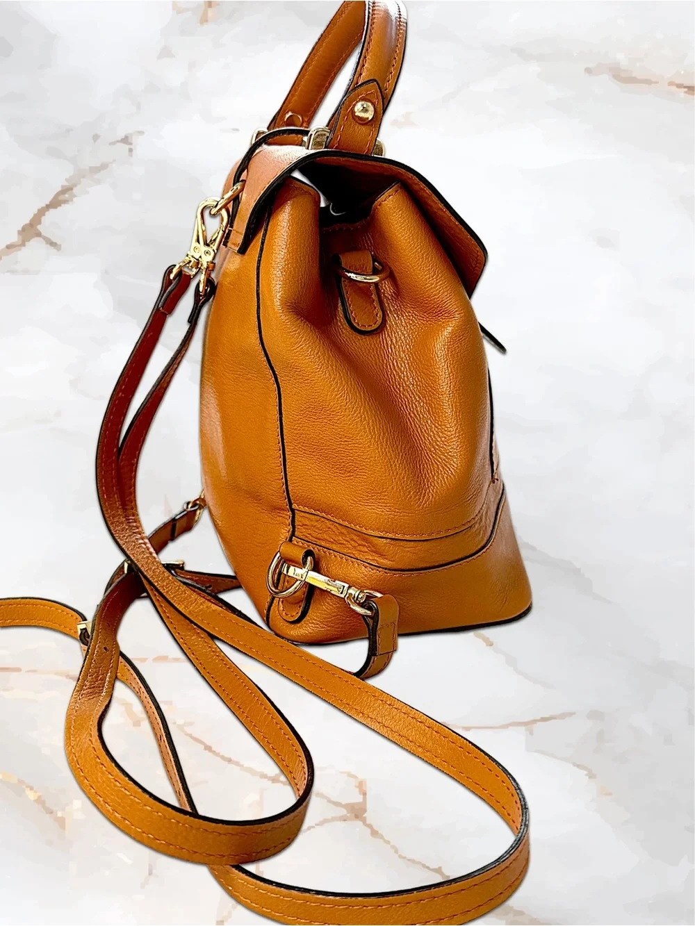 Divina Firenze Italy 3 Way Convertible Leather Backpack Crossbody EUC Cognac Tan